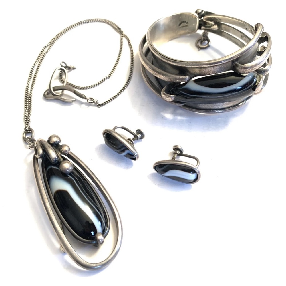 Vtg MAXWELL CHAYAT Modernist Black Sterling Silver Cuff Earring Necklace Pin Set